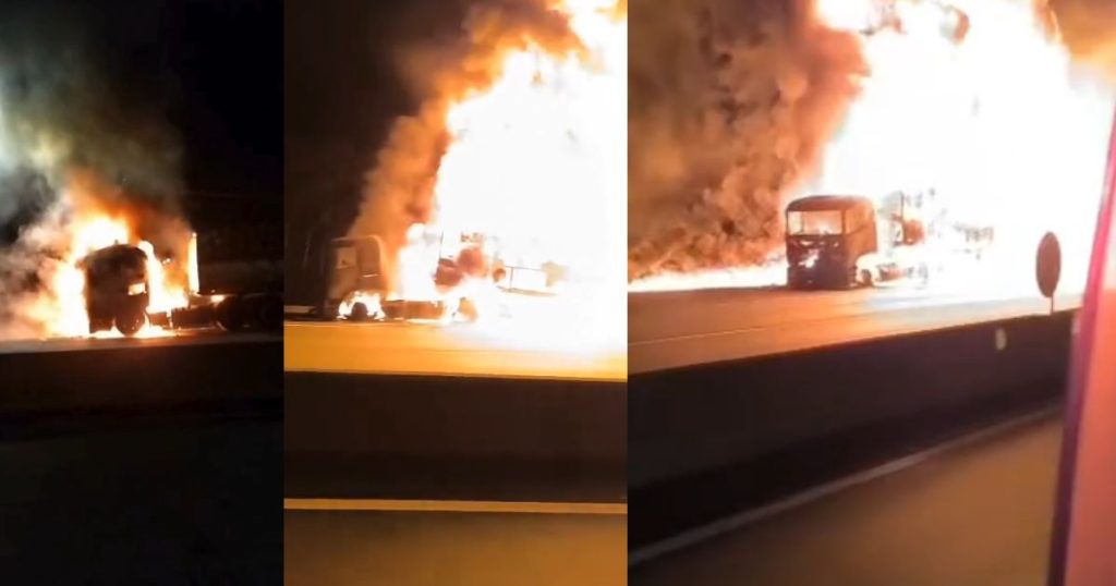 VÍDEO: Caminhão pega fogo e interdita BR-101 entre Santa Catarina e Paraná; fila já passa dos 13 km