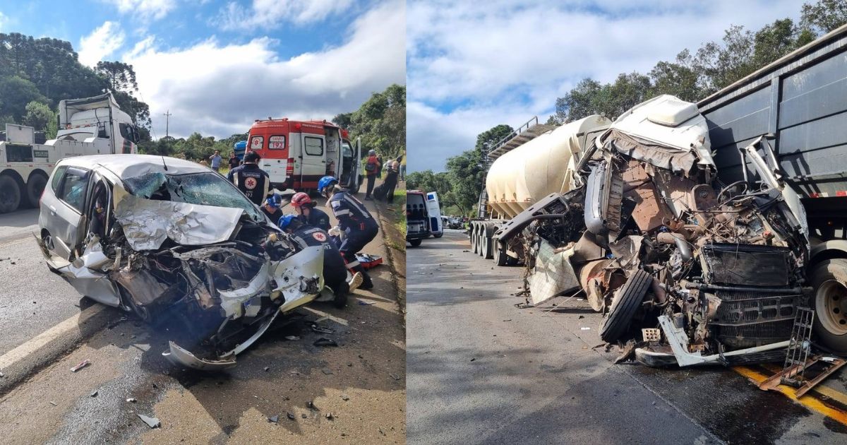Quatro pessoas ficam feridas após grave colisão envolvendo caminhões, carro e ônibus na BR-277