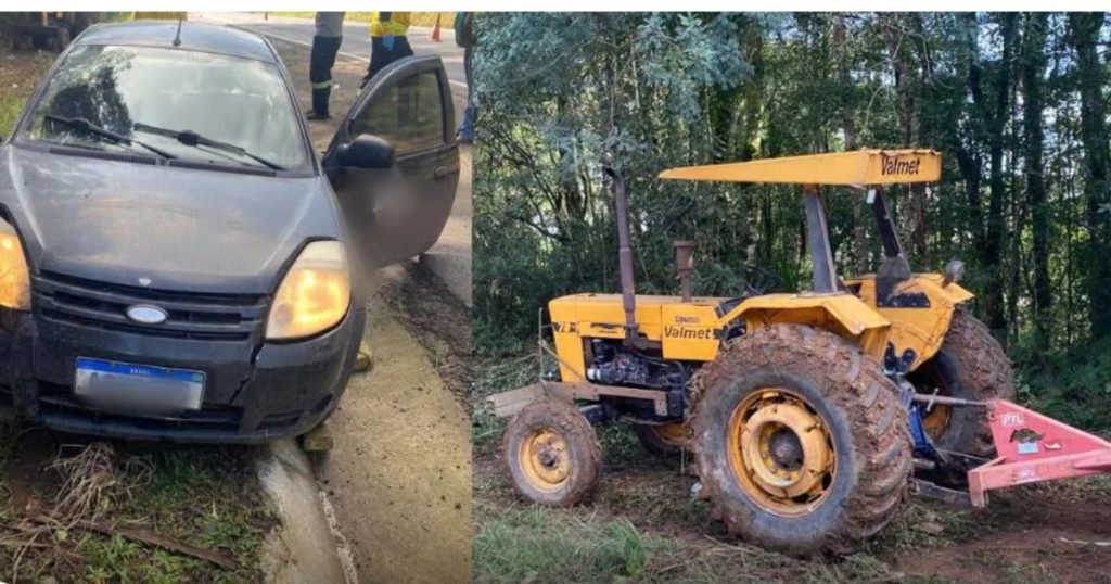 Colisão entre carro e trator deixa quatro feridos na BR-280 em Três Barras