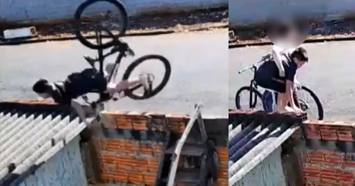 VÍDEO: criança de férias perde controle de bicicleta e cai em telhado, no Paraná