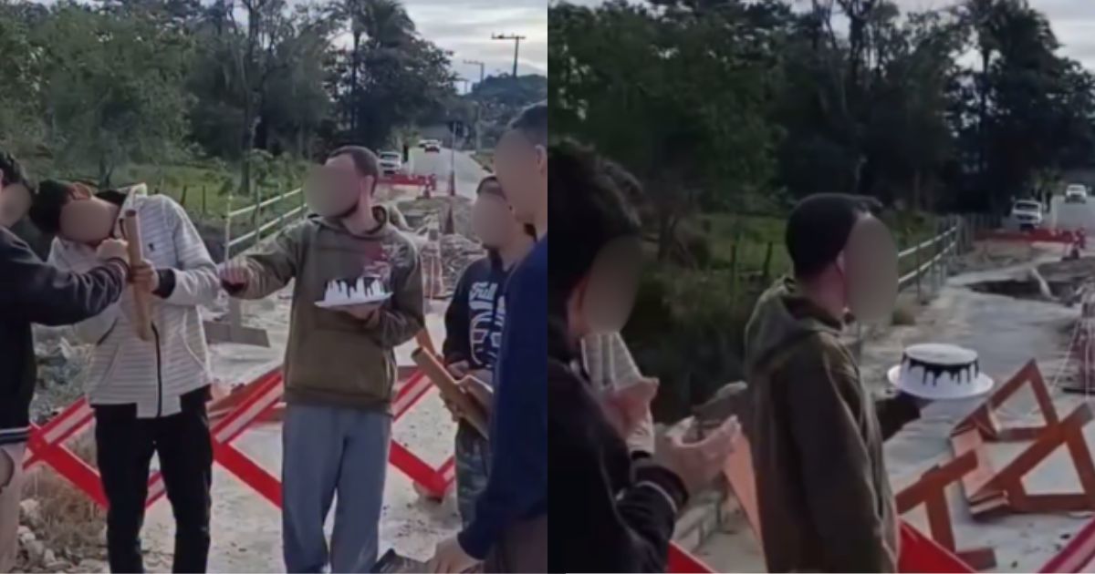 Protesto criativo: “aniversário” de buraco na estrada ganha bolo e fogos; veja as imagens
