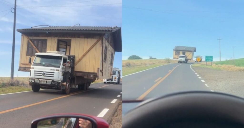 VÍDEO: Caminhão é flagrado transportando casa de madeira no Paraná