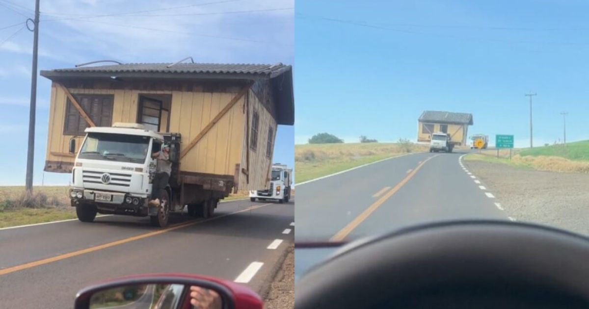 VÍDEO: Caminhão é flagrado transportando casa de madeira no Paraná