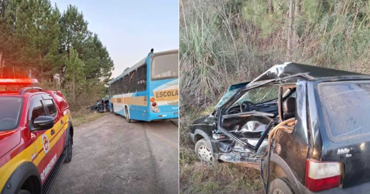 Acidente entre carro e ônibus escolar mobiliza bombeiros em Irineópolis