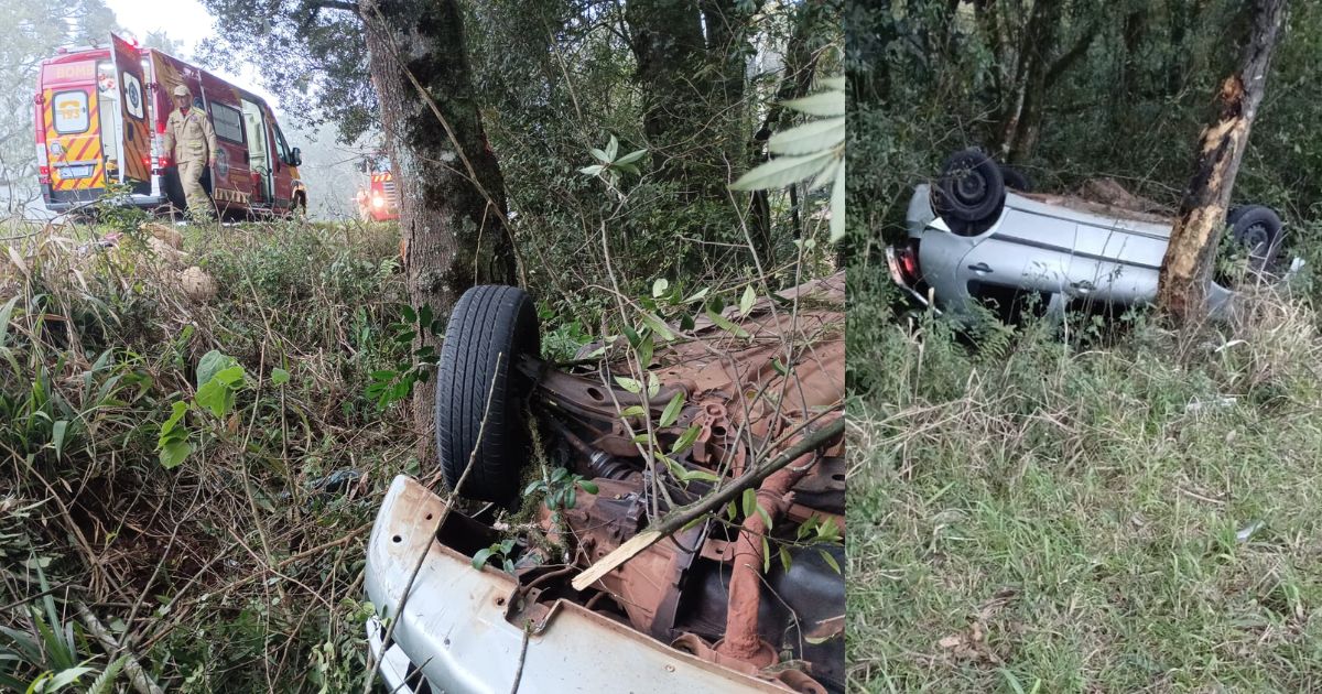 Homem de 28 anos fica ferido em capotamento após colisão entre carro e caminhão na BR-476
