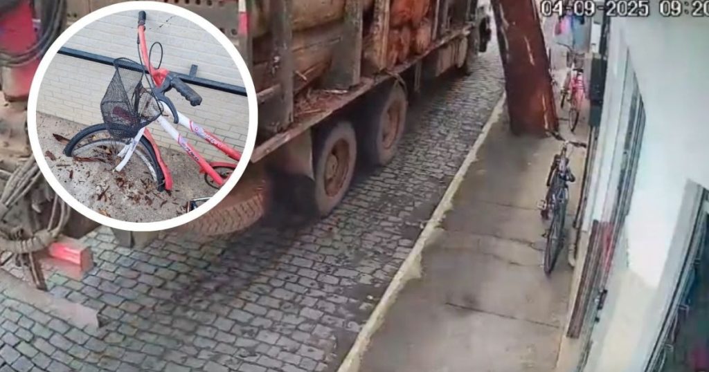 VÍDEO: tora de madeira cai de carreta e quase atinge mulher na calçada