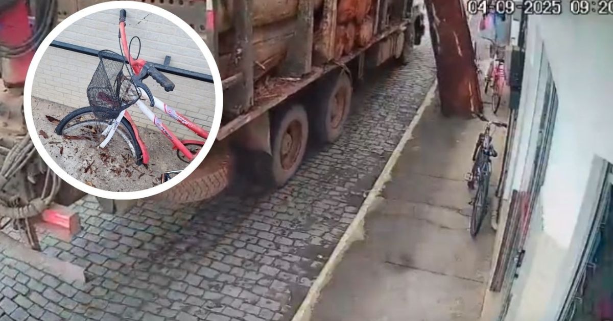 VÍDEO: tora de madeira cai de carreta e quase atinge mulher na calçada