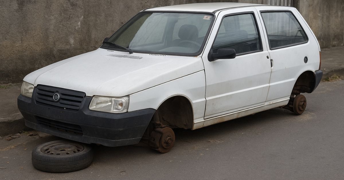 Carro furtado é localizado sem rodas e bateria enquanto dono acompanhava parto da esposa