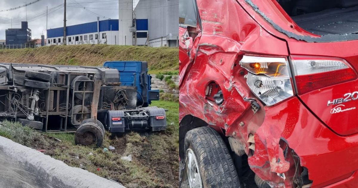 Carreta bate em carro parado, sai da pista e se parte ao meio em rodovia do Paraná