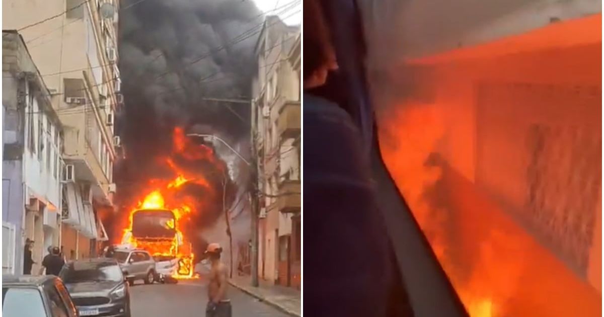 VÍDEO: Ônibus de excursão com mais de 50 estudantes arrasta carros e pega fogo