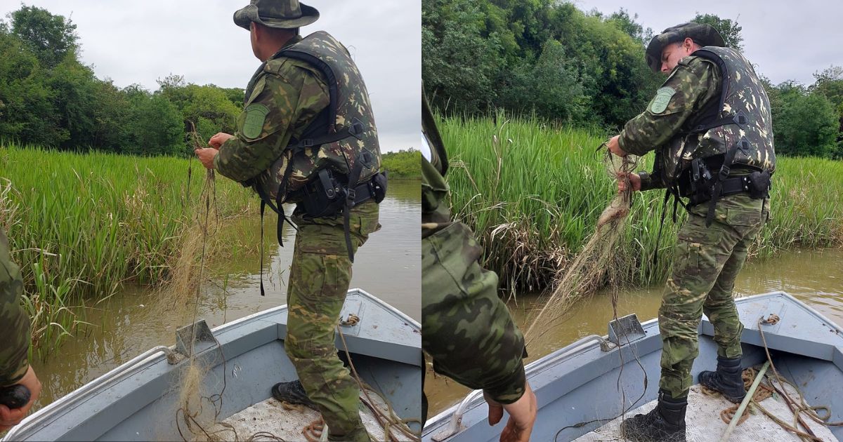 Patrulhamento da Polícia Ambiental recolhe redes e materiais de pesca ilegais durante operação no Rio Iguaçu