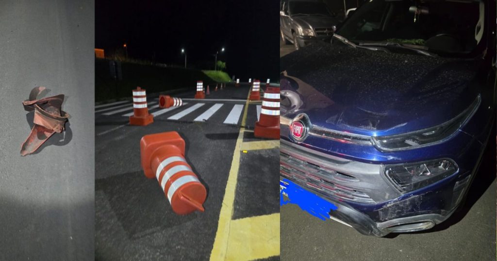 Motorista bêbado bate em cones na PR-151 em frente ao posto da PRE em São Mateus do Sul e tenta fugir