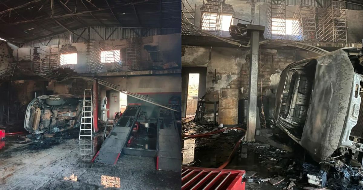 Incêndio destrói oficina mecânica em Canoinhas; nove veículos foram danificados e um funcionário ficou ferido