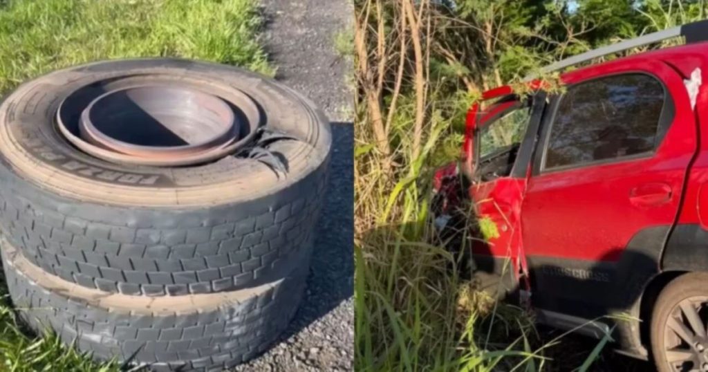 Rodado de caminhão se solta, atinge carro e deixa homem de 53 anos ferido no Paraná