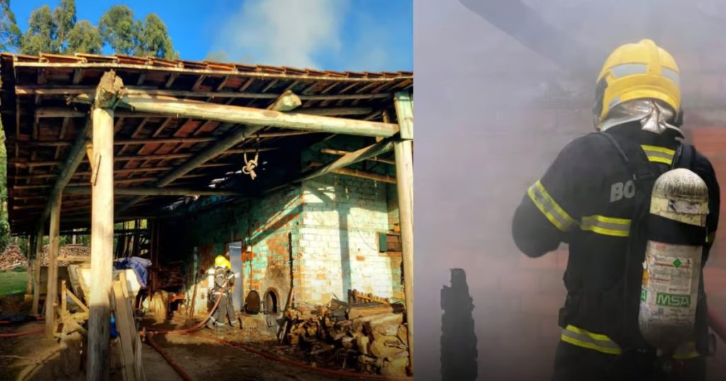 Incêndio destrói telhado de estufa de fumo e mobiliza bombeiros em Canoinhas