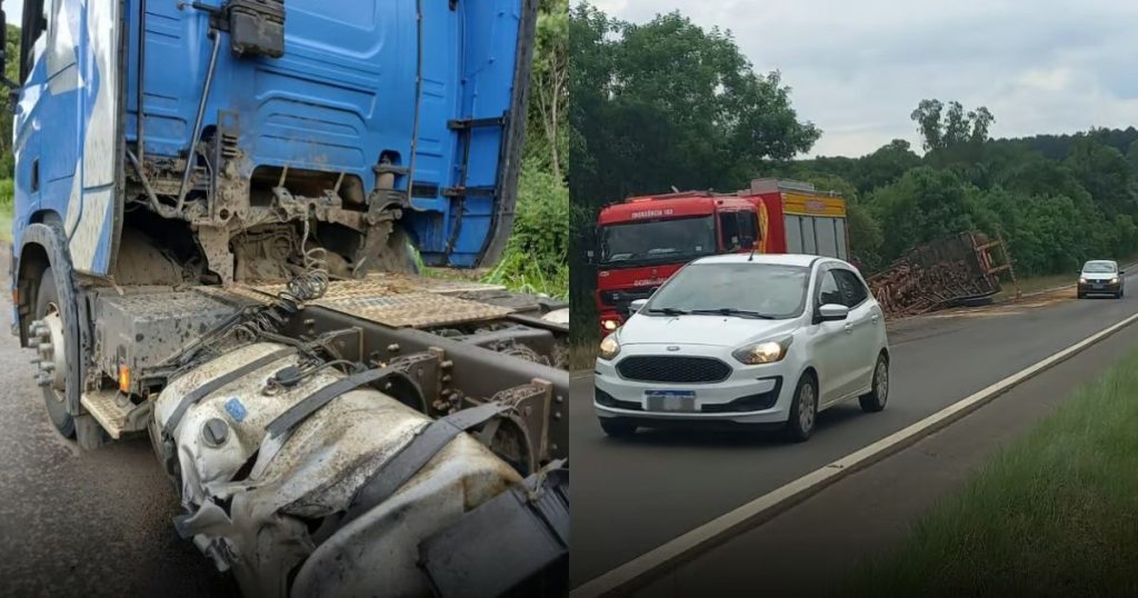 Bitrem carregado de toras de madeira tomba em canoinhas