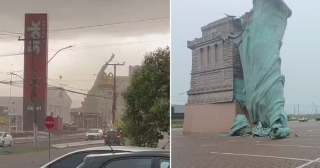 VÍDEO: estátua da Havan desaba durante temporal no Rio Grande do Sul