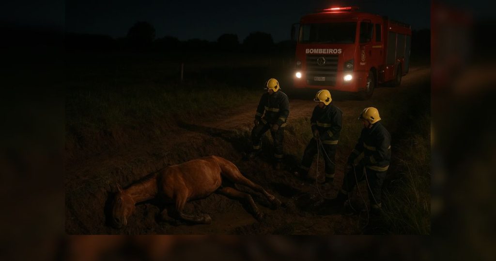 Cavalo é resgatado de vala pelo Corpo de Bombeiros em São Mateus do Sul