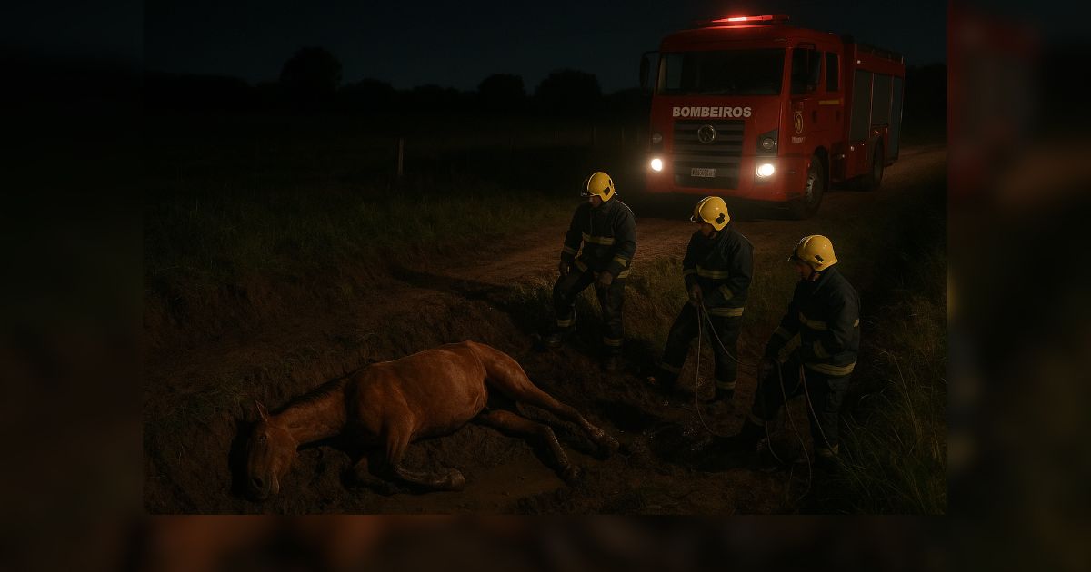 Cavalo é resgatado de vala pelo Corpo de Bombeiros em São Mateus do Sul