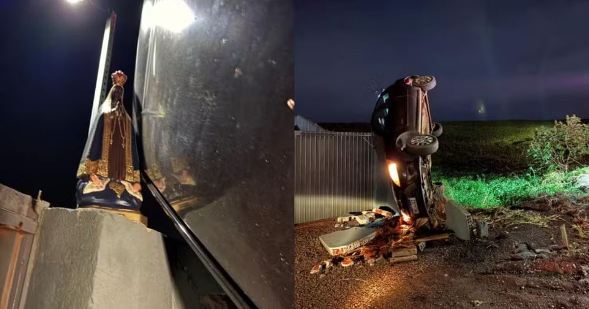 Carro capota, para aos pés de imagem de Nossa Senhora Aparecida, e motorista escapa ilesa no Paraná