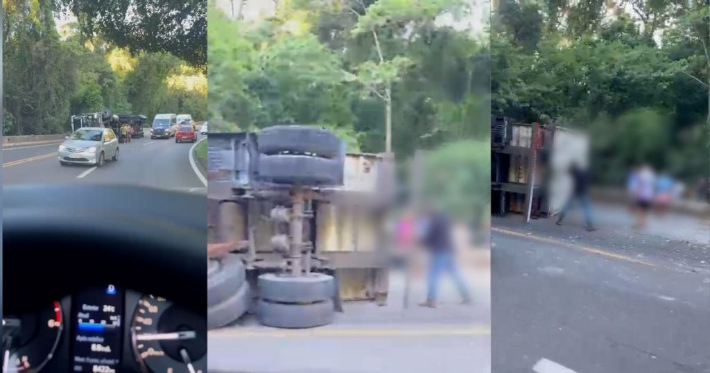 Carga de carnes congeladas é saqueada após tombamento de carreta na BR-277
