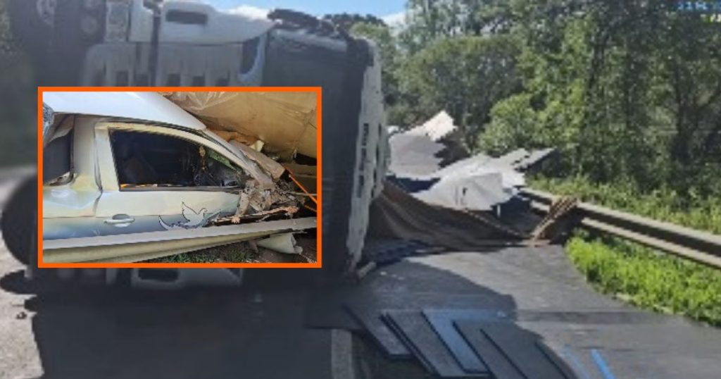Carreta tomba sobre carro funerário na BR-476 e deixa dois feridos em Paulo Frontin