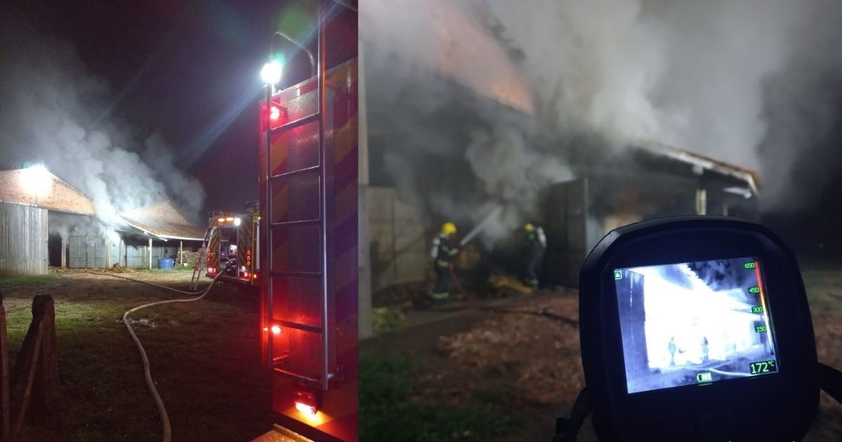 Incêndio atinge estufa de fumo no interior de Canoinhas e mobiliza bombeiros de dois municípios