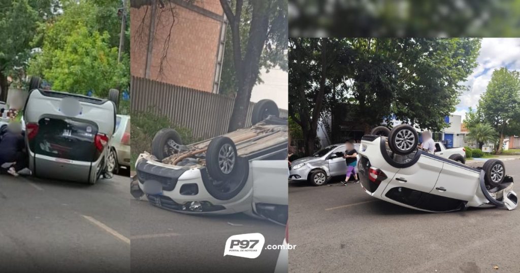 Veículo capota após colisão com carro estacionado no centro de São Mateus do Sul