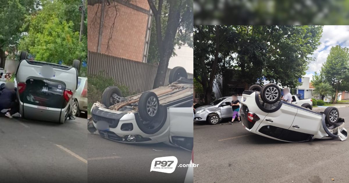 Veículo capota após colisão com carro estacionado no centro de São Mateus do Sul