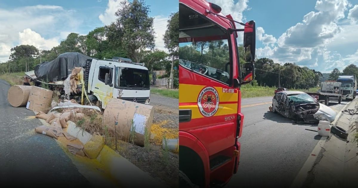 Acidente com três veículos na BR-280 deixa motorista preso às ferragens